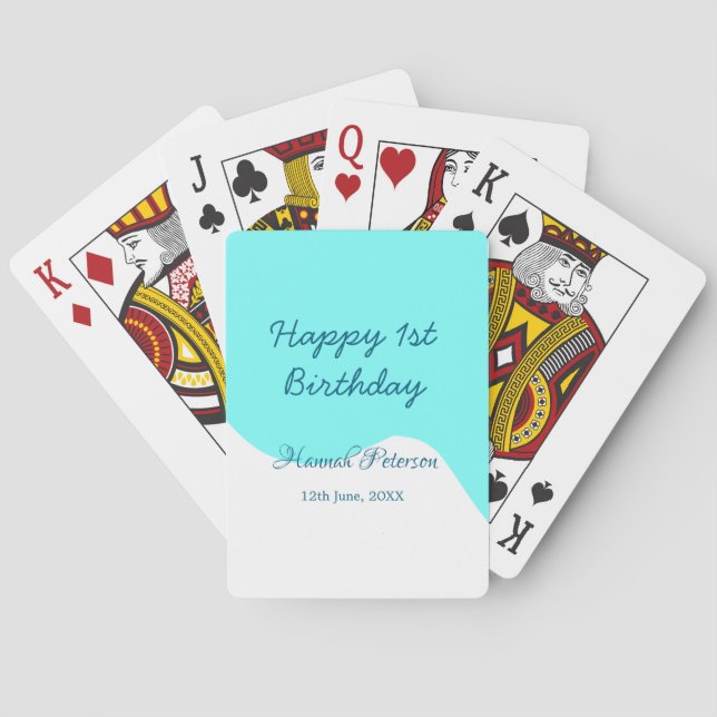 Lycklig 1-årsdag blå vågig retro boho namn datum casinokort (Baksidan)