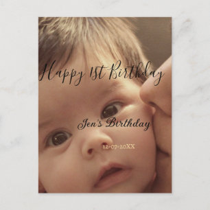Lycklig 1-årsdag namn foto datum stilfull kalligra vykort