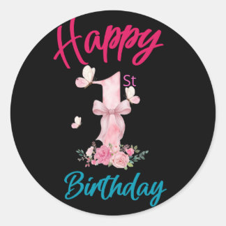 Lycklig 1-årsdag Söt Rosa Fjäril Slinga Rund S Runt Klistermärke