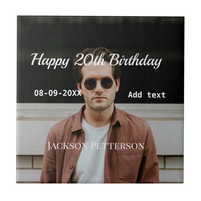 Lycklig 20-årsdag, enkelt fototillägg namn datum m kakelplatta (Framsidan)