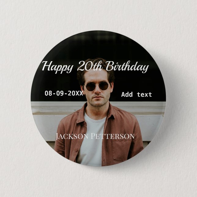 Lycklig 20-årsdag, enkelt fototillägg namn datum m knapp (Framsida)