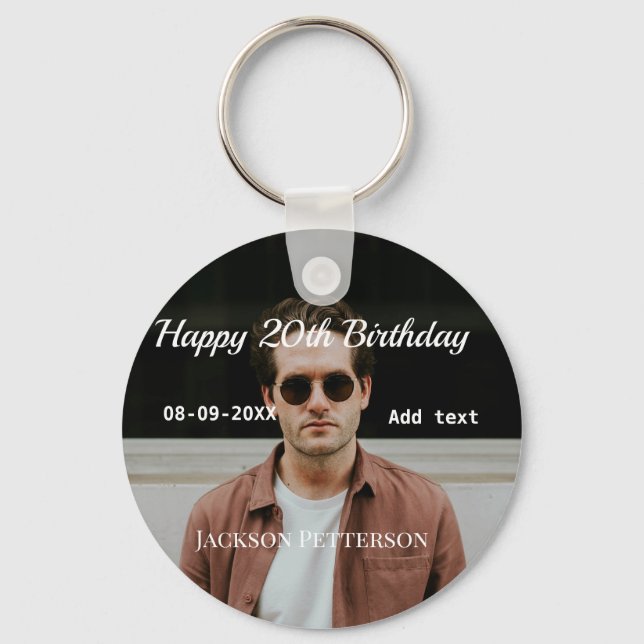 Lycklig 20-årsdag, enkelt fototillägg namn datum m nyckelring (Framsida)