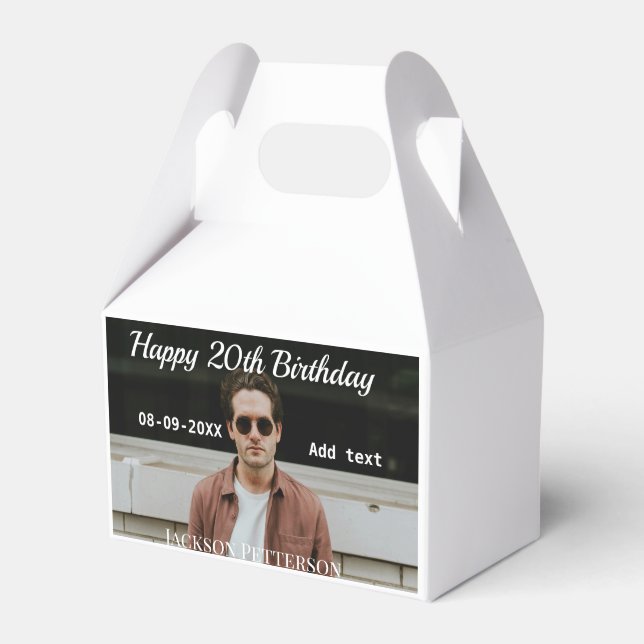 Lycklig 20-årsdag, enkelt fototillägg namn datum m presentaskar (Framsidan Sidan)