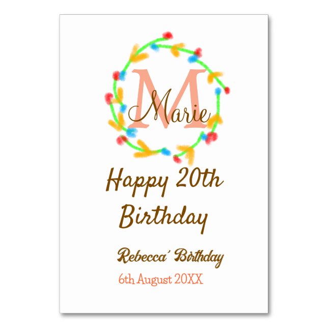 Lycklig 20: e födelsedag tillsätt namn monogram an bordsnummer (Framsidan)