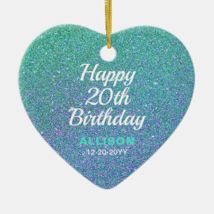 Lycklig 20:e födelsedagen Teal Blue Glitter Person Julgransprydnad Keramik