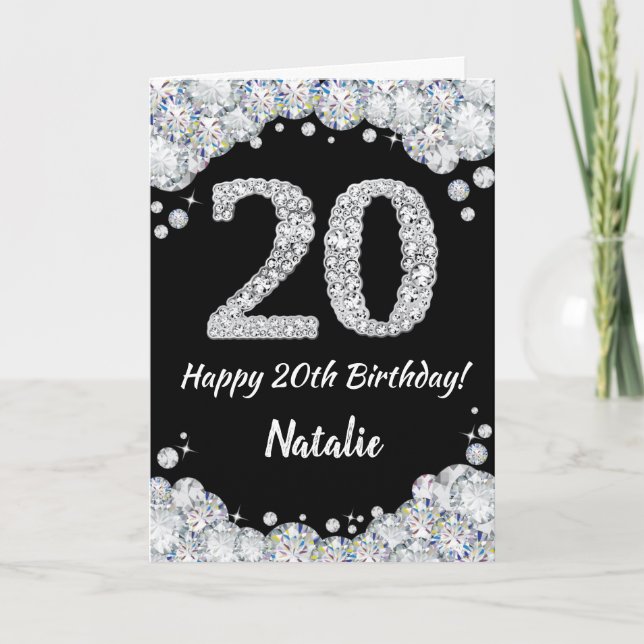 Lycklig 20:e födelsedagskortet Svart och Silver Gl Kort (Framsida)