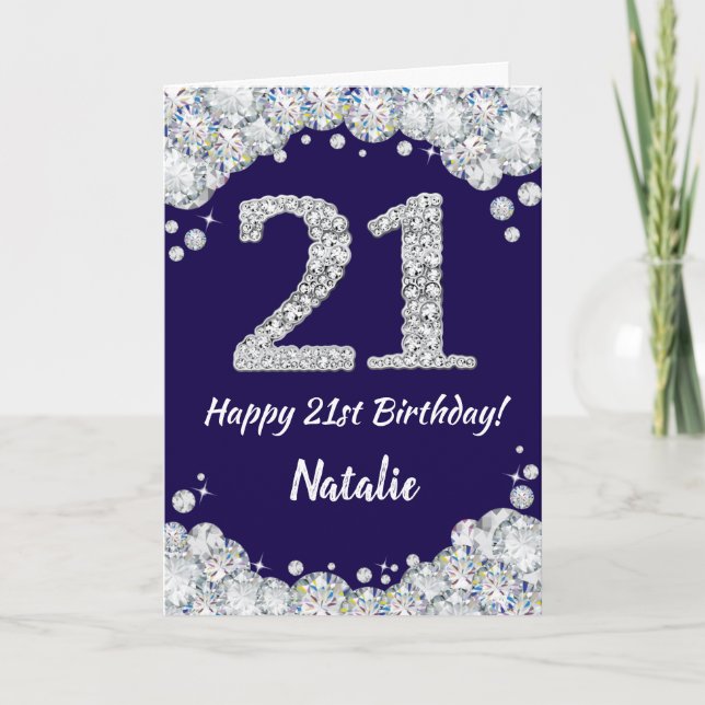 Lycklig 21:a födelsedag Blått och Silver Glitter Kort (Framsida)