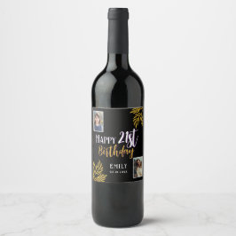 Lycklig 21:a födelsedag Guld Foliage 2 Foto Party Vinflaska Etikett