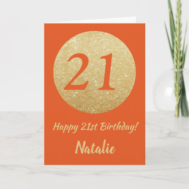 Lycklig 21:a födelsedag Orange och Guld Glitter ko Kort (Framsida)