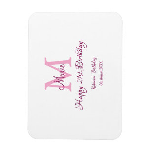 Lycklig 21:a födelsedag rosa tillför namn-monogram magnet