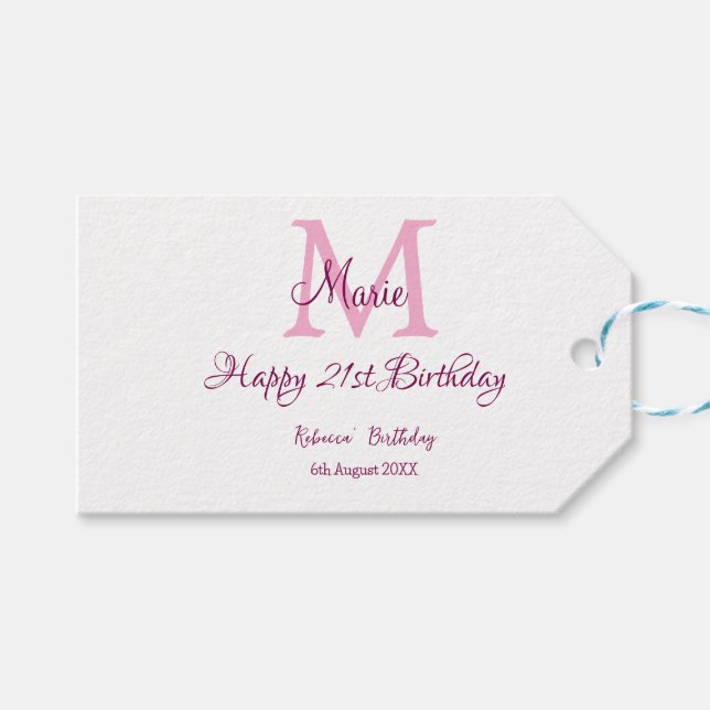 Lycklig 21:a födelsedag rosa tillför namn-monogram presentetikett (Framsidan (Horisontell))