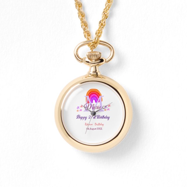 Lycklig 21:a födelsedag rosa tillsätt namn monogra armbandsur (Framsida)