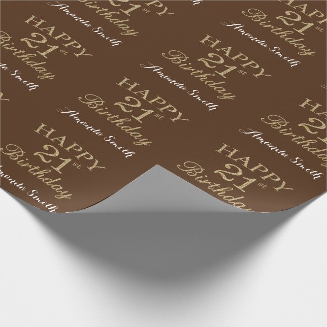 Lycklig 21:a födelsedagen Guld Glitter och Brown Presentpapper (Hörn)