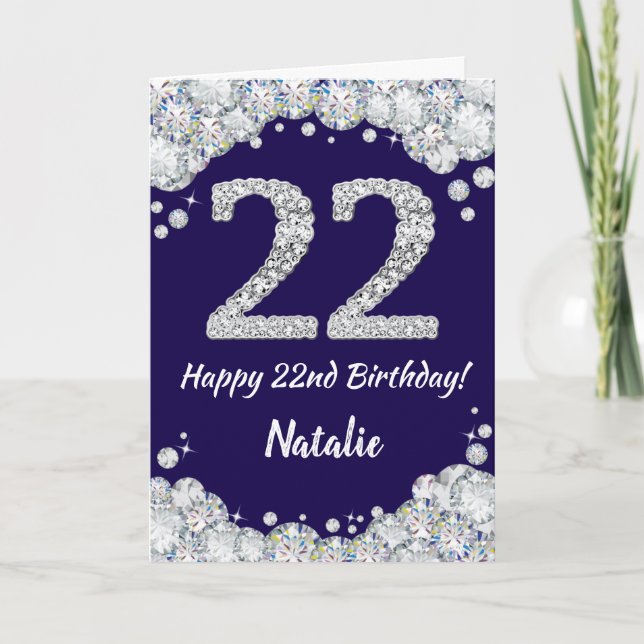 Lycklig 22:a födelsedag Blått och Silver Glitter Kort (Framsida)
