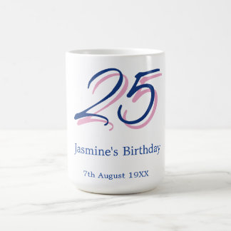 lycklig 25-årsdag blå rosa namn datum fet bokstav kaffemugg