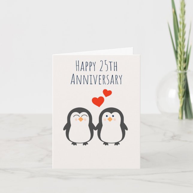 Lycklig 25-årsjubileum - Cute Couple Penguin Card Kort (Framsida)