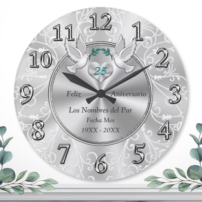 Lycklig 25-årsjubileum Ur Stor Klocka (Bodas de Plata. Feliz 25 Anniversio. 25 Aniversario de Bodas ¡Felices bodas de plata! Reloj de plata)