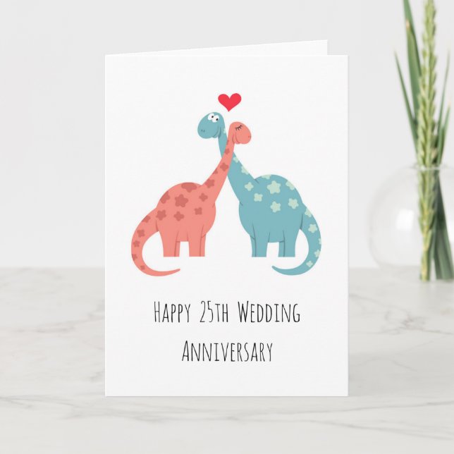 Lycklig 25:e Bröllop-årsdagen Cute Dinosaurs Kort (Framsida)