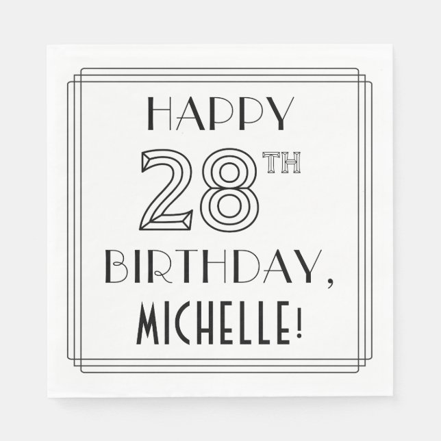 LYCKLIG 28:E BIRTHDAY; Art Deco Stil; eget namn Pappersservett (Framsidan)