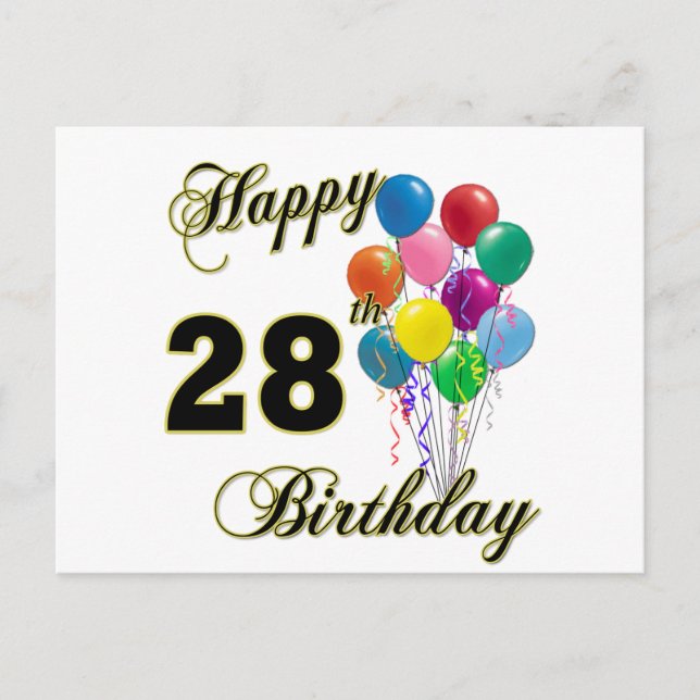 Lycklig 28:e födelsedagsgåvor med ballonger vykort (Framsida)