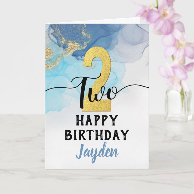Lycklig 2:a födelsedag Blå vattenfärg och Guld Boy Kort (Orkide)