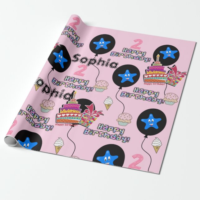 Lycklig 2:a födelsedag Pappra ballonger #2 Rosa Presentpapper (Utrullad)