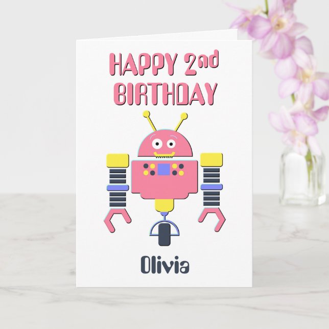 Lycklig 2:a födelsedag Rosa Robot Kort (Orkide)