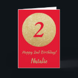 Lycklig 2:a födelsedag Rött kort och Glitter Guld<br><div class="desc">Lycklig 2:a födelsedag Rött kort och Guld Glitter-kort med personlig namn. Om du vill göra ytterligare anpassningar klickar du på knappen "Anpassa" och användor verktyg som är utformat för att ändra mallen.</div>