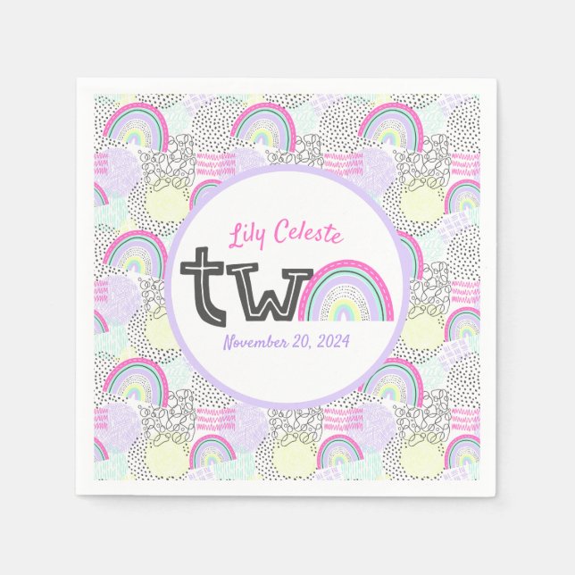 Lycklig 2:a födelsedagen Regnbåge 90:s Flicka Part Pappersservett (Framsidan)