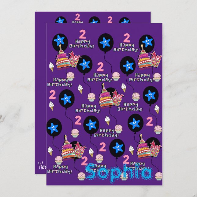 Lycklig 2:a födelsedagsinbjudan #2 Lila Inbjudningar (Fram/baksida)