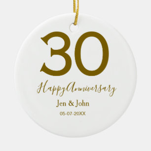 Lycklig 30-årsjubileum namn datum guldfetstil julgransprydnad keramik