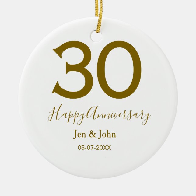 Lycklig 30-årsjubileum namn datum guldfetstil julgransprydnad keramik (Framsidan)