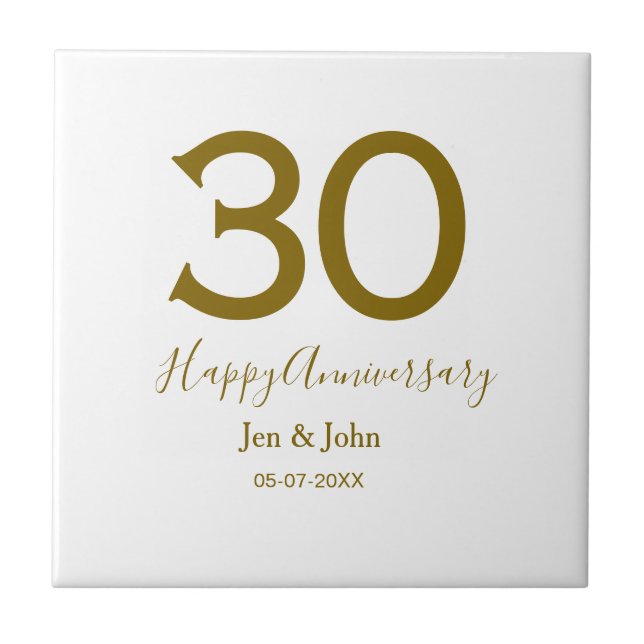 Lycklig 30-årsjubileum namn datum guldfetstil kakelplatta (Framsidan)