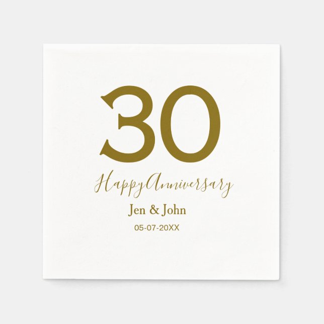 Lycklig 30-årsjubileum namn datum guldfetstil pappersservett (Framsidan)