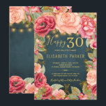 Lycklig 30 blommigtens chic elegant 30års födelsed inbjudningar<br><div class="desc">Mall för romantisk vintage av lyxkronan på elegant-stil med rosa och persiko-kräm-30års födelsedag-guld och blommar glitter och golden rustik-strängar eller twinkle ro på midnattsblå kriterer. — inbjudan är lämpligt för vår eller sommarnatt, höstfallsskorpa eller vintage utomhus - 30, 40, 50, 60, 70, 90, 100 - eller andra årsdagar för firande....</div>