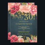 Lycklig 30 blommigtens chic elegant 30års födelsed inbjudningar<br><div class="desc">Mall för romantisk vintage för lyxkronor i stil 30års födelsedag med inbjudan till rosa och persiko-kräm i guld-peony elegant och blommor i trädgårdar och golden rustic strings eller twinkle glitter på en midnattsblå ro. — inbjudan är lämpligt för vår eller sommarnatt, höstfallsskorpa eller vintage utomhus - 30, 40, 50, 60,...</div>