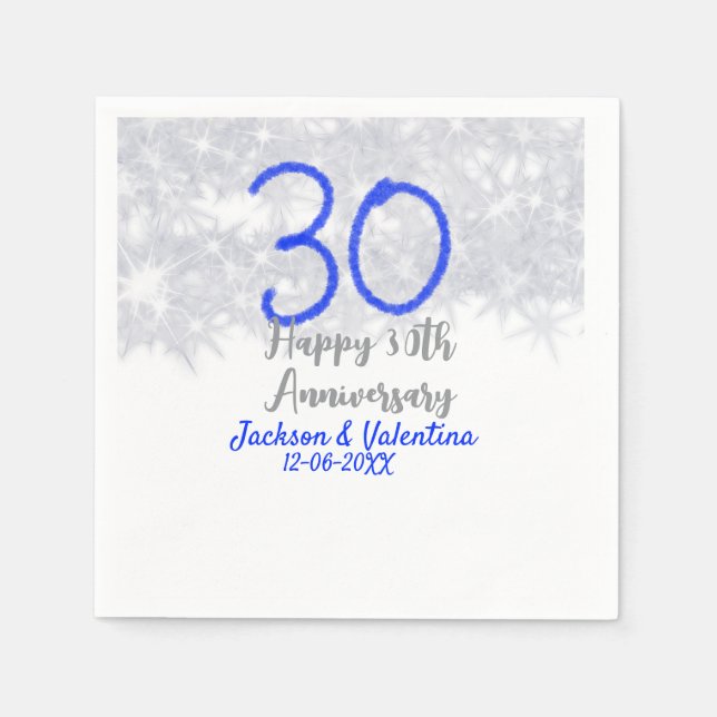 Lycklig 30:e årsdagen för bröllop, silver blå glit pappersservett (Framsidan)