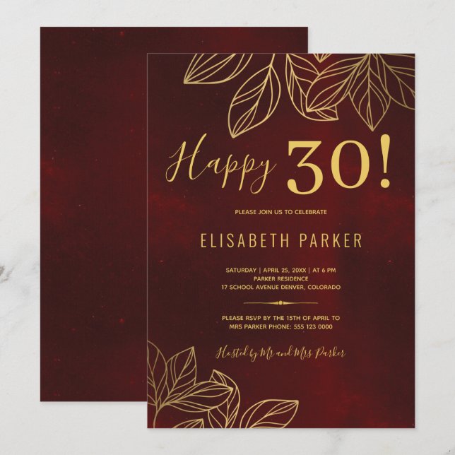Lycklig 30 elegant guld och party vid röda 30års f inbjudningar (Fram/baksida)