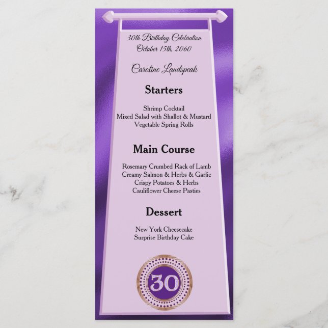 Lycklig 30års födelsedag Lila Glitter Foil Menu Meny (Framsida)