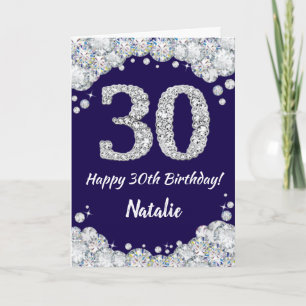 Lycklig 30års födelsedag, marinblått och Silver Gl Kort