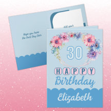 Lycklig 30års födelsedag namn blommigt blått