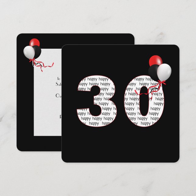 Lycklig 30års födelsedag om svartvit inbjudan (Fram/baksida)