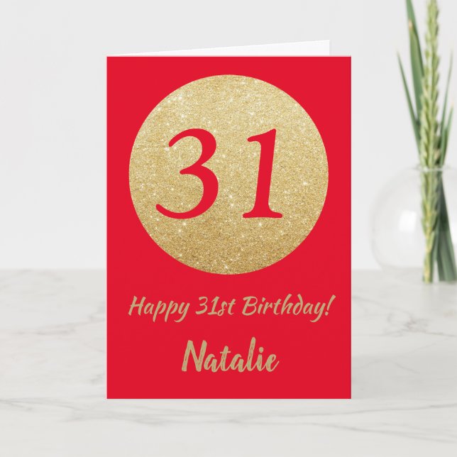 Lycklig 31a Birdday Red and Guld Glitter Card Kort (Framsida)
