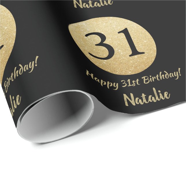 Lycklig 31a Birthday Black och Guld Glitter Presentpapper (Rullad Hörn)