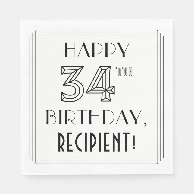 LYCKLIG 34:E BIRTHDAY; Art Deco Stil; eget namn Pappersservett (Framsidan)