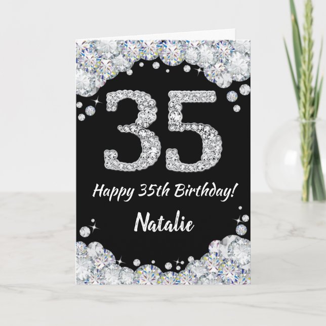 Lycklig 35e Birday Black och Silver Glitter kort (Framsida)