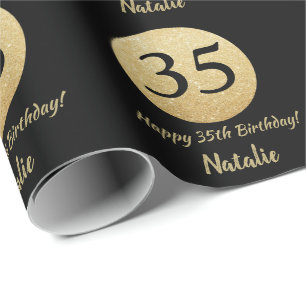 Lycklig 35e Birthday Black och Guld Glitter Presentpapper