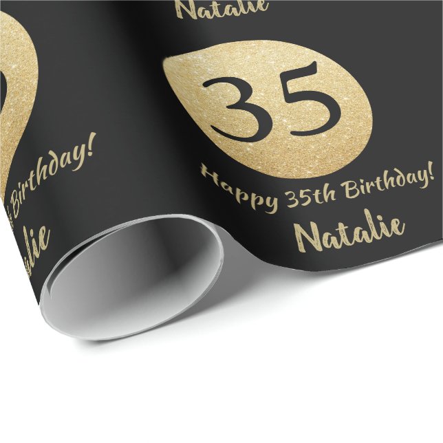 Lycklig 35e Birthday Black och Guld Glitter Presentpapper (Rullad Hörn)