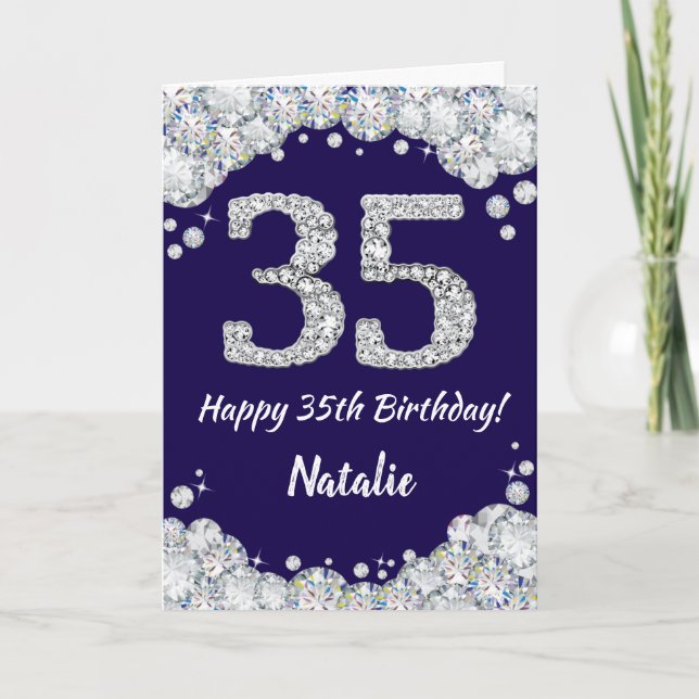 Lycklig 35e Birthday Navy Blue och Silver Glitter Kort (Framsida)