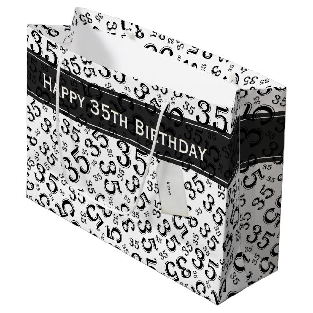 Lycklig 35e Birthday Number Mönster Black/White (Framsidan Vinklad)